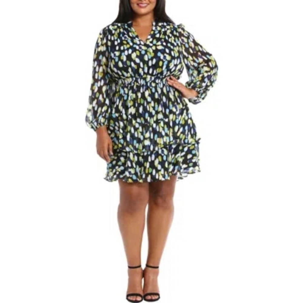 LONDON TIMES Yuryu Long Sleeve Fit & Flare Dress Black/Blue Elastic Waist Sz 16W